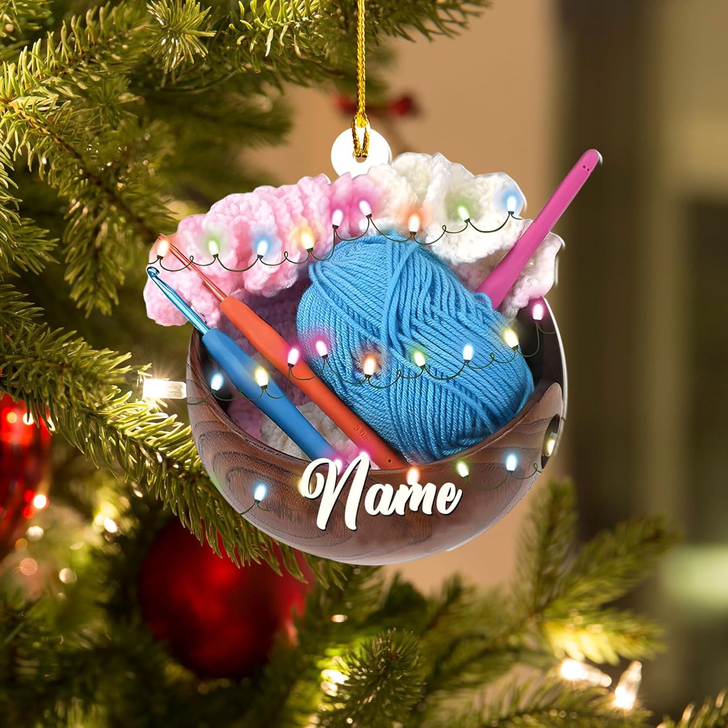 Personalized Knitting Yarns Ornament Christmas, Wool Bakset Knitting Accessories with String Lights Christmas Tree Ornament, Knitting Customized Christmas Ornament String Lights Christmas (KN12)