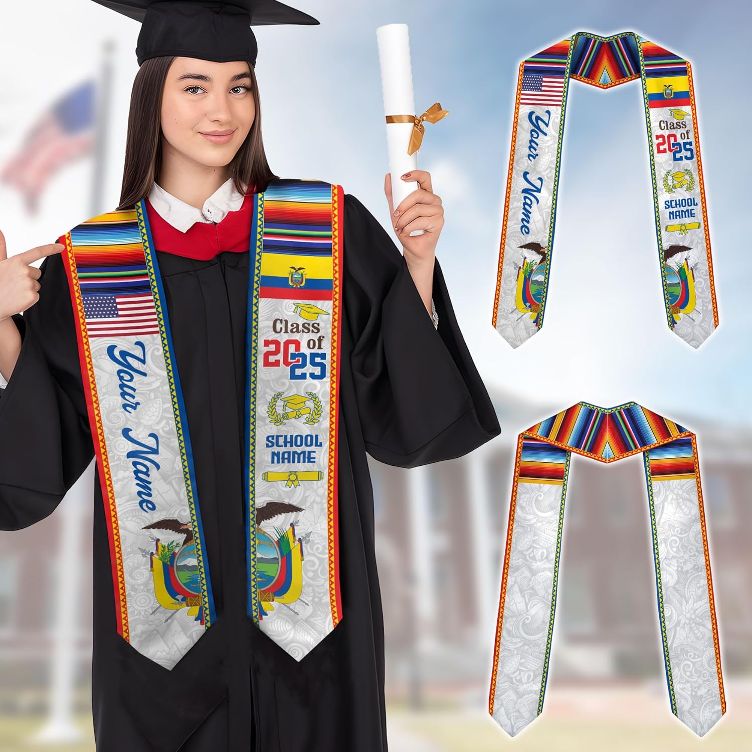 Pretyprints Ecuador Graduation Stole, Ecuadorians American Flag Graduation Sash 2025, Ecuadorians Graduation Sash