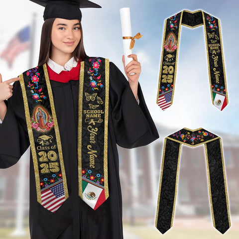 Customize Mexican American Flag Graduation Sash, Mexico Graduation Stole, class of 2025