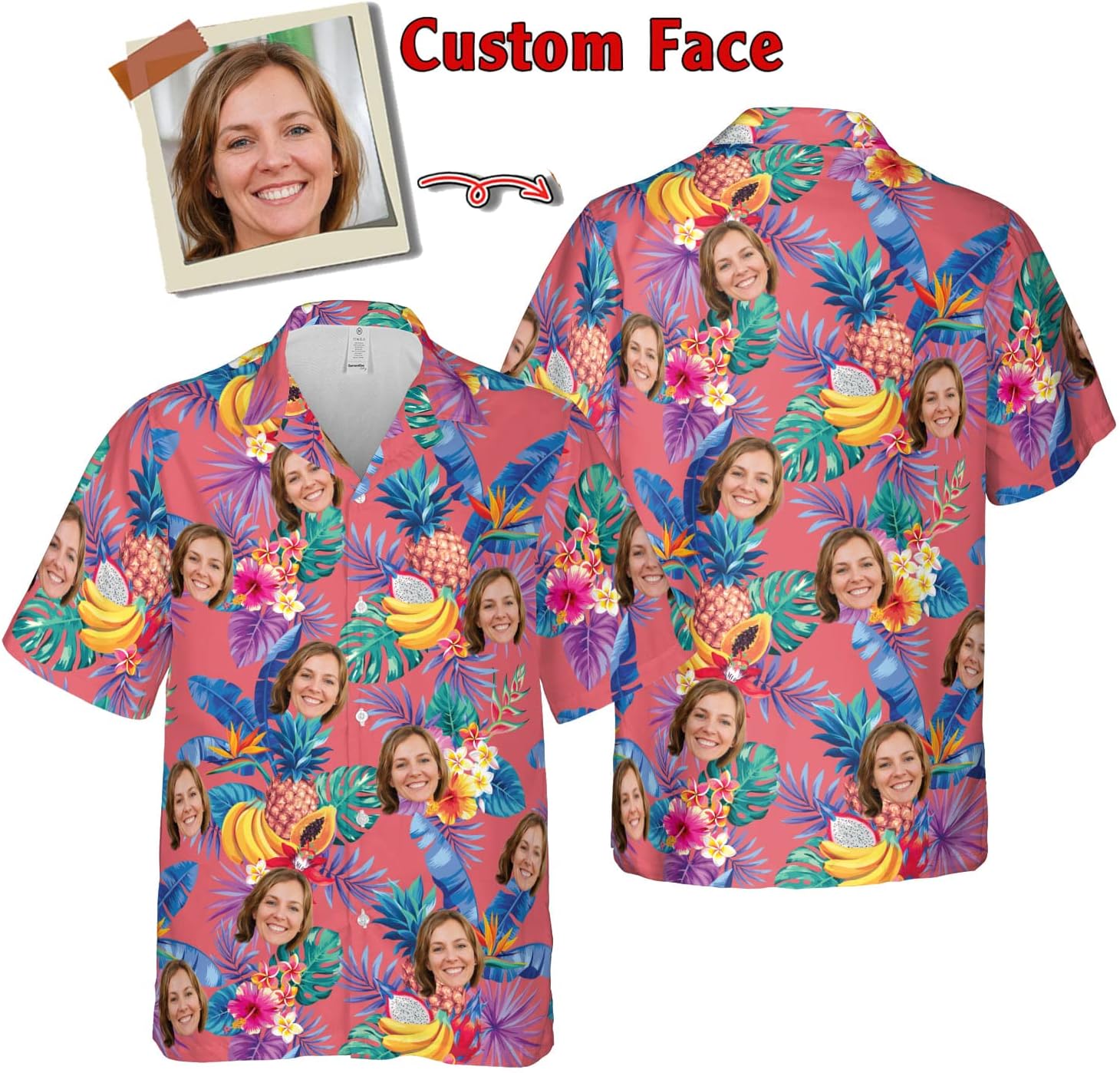 Customized Tropical Floral Hawaiian Shirt with Face for Men and Women, Wife's Husband\u2019s Photo Aloha Beach Fruit Flower Shirts