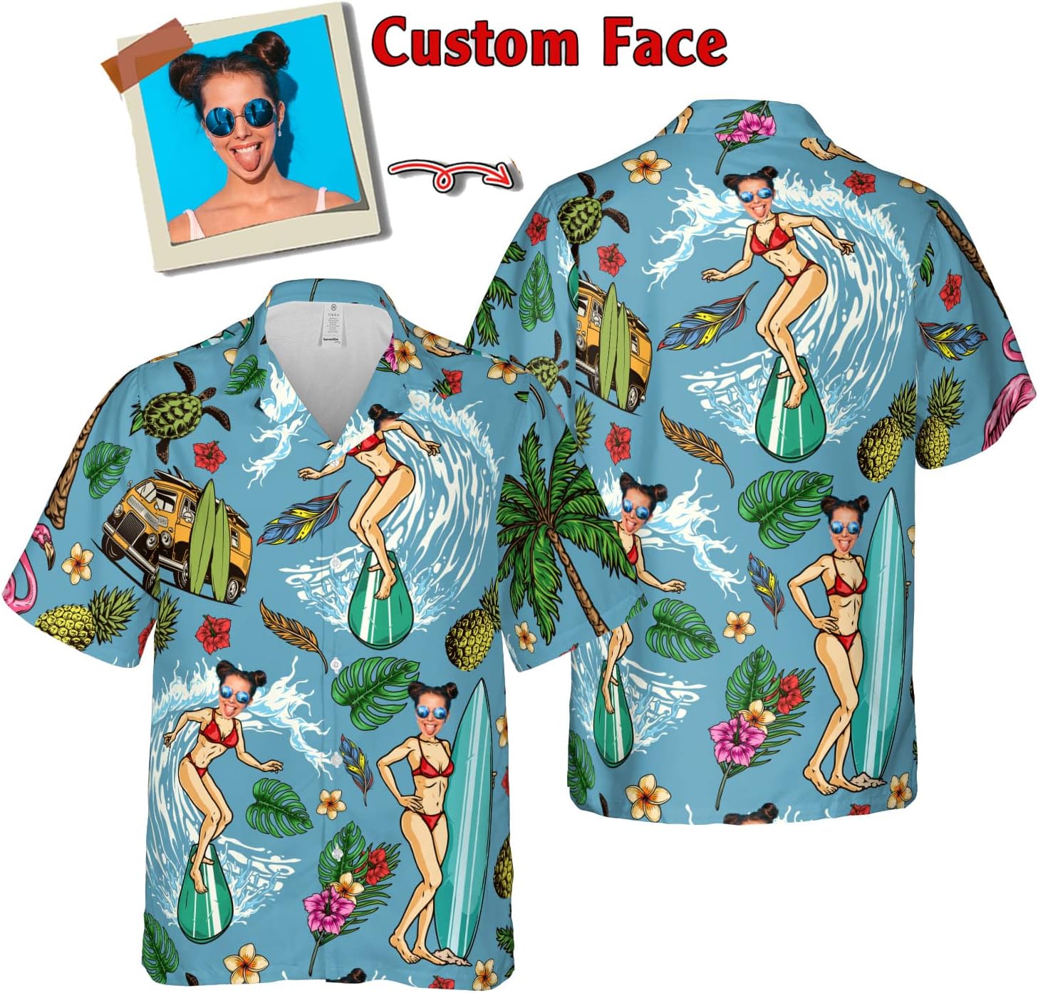 Customized Tropical Floral Hawaiian Shirt with Face for Men and Women, Wife's Husband\u2019s Photo Aloha Beach Fruit Flower Shirts