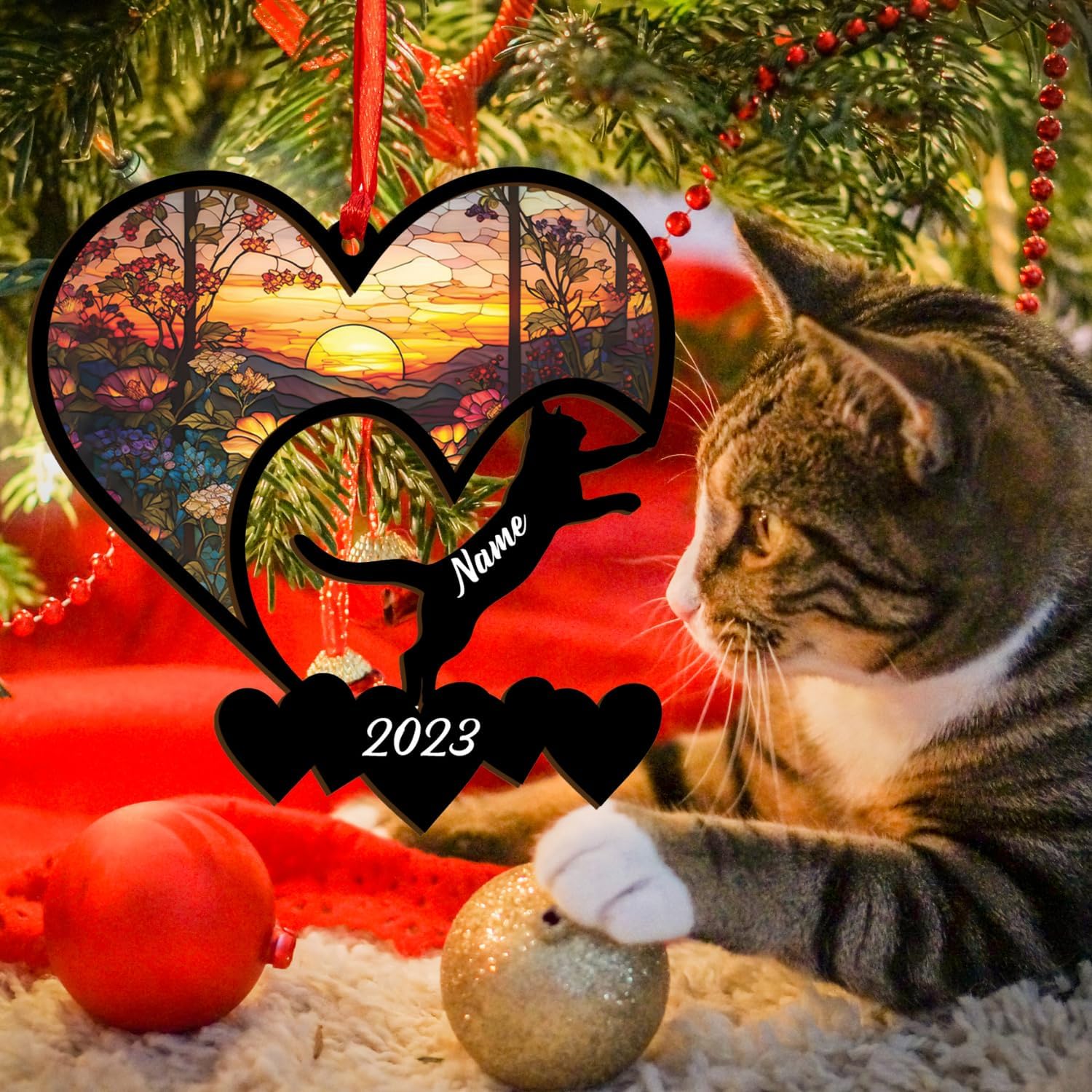 Personalized Cat Ornaments For Christmas Tree, Custom Cat Christmas Suncatcher Ornament 2024, Gift For Christmas Cat Lovers Cat Memorial Ornament, Cat Hanging Ornament Cat On The Moon (CAT 5)