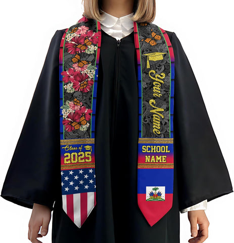 Pretyprints Haitians Graduation Sash, Haiti Graduation Stole Custom, Personalized Haitians American Flag Graduation Sash 2025