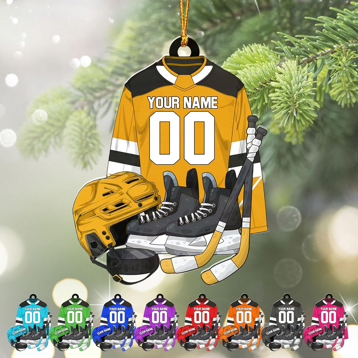 AOVL Personalized Hockey Christmas Ornament, Hockey Skates Helmet and Stick, Hockey Player Ornament, Hockey Ornament, Hockey Flat Ornament, Gift for Hockey Lovers Christmas Tree Decor (Hockey 13)