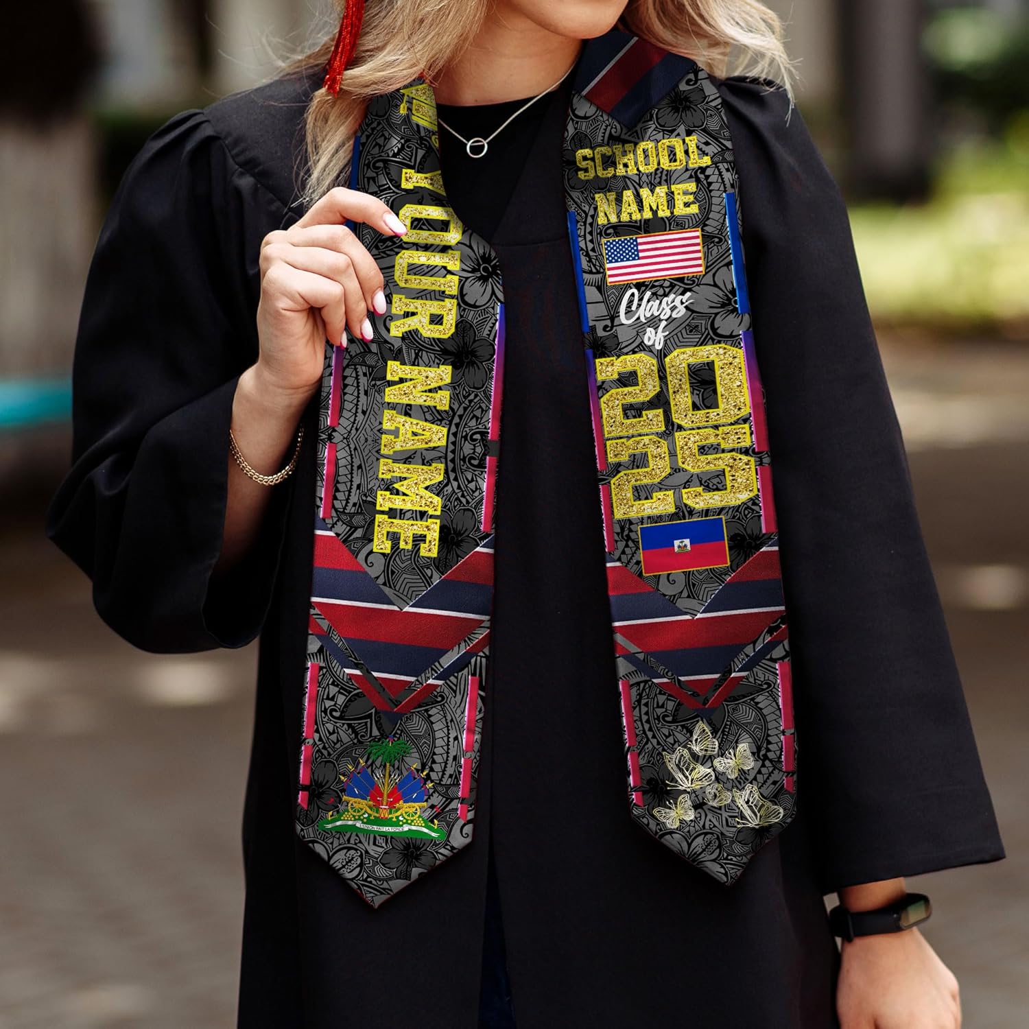 Pretyprints Haitians Graduation Sash, Haiti Graduation Stole Custom, Personalized Haitians American Flag Graduation Sash 2025
