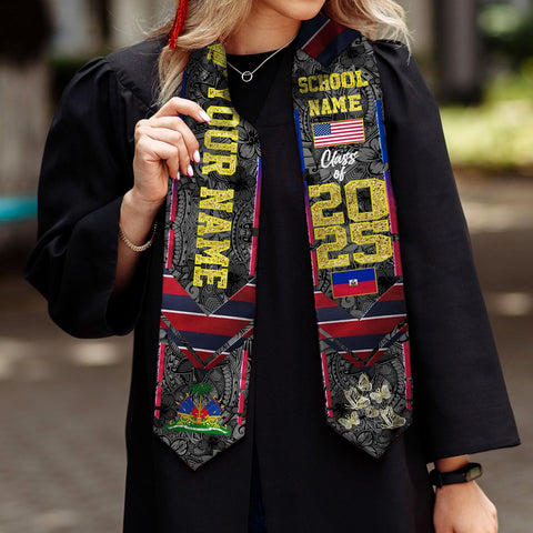 Pretyprints Haitians Graduation Sash, Haiti Graduation Stole Custom, Personalized Haitians American Flag Graduation Sash 2025