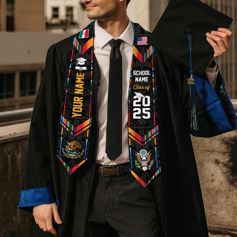 Custom Mexican Graduation Sash, Mexico Graduation Stole Customize Photo, Mexican American Flag Graduation Sash 2025