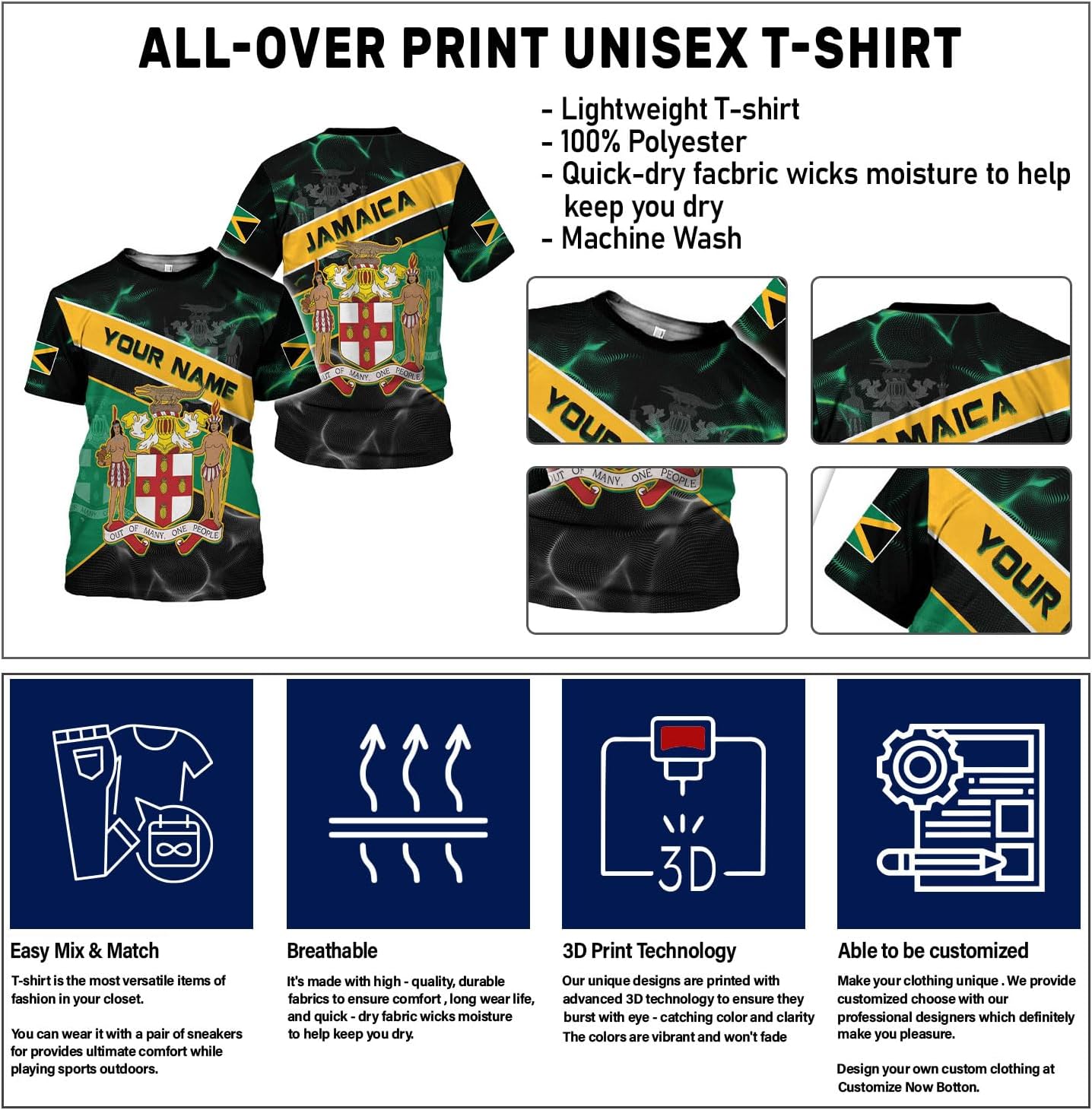 Ligthuy Personalized Jamaica Shirt 3D, Custom Jamaica Flag Lion Shirt for Men and Women, Jamaican Pride T-Shirt Unisex
