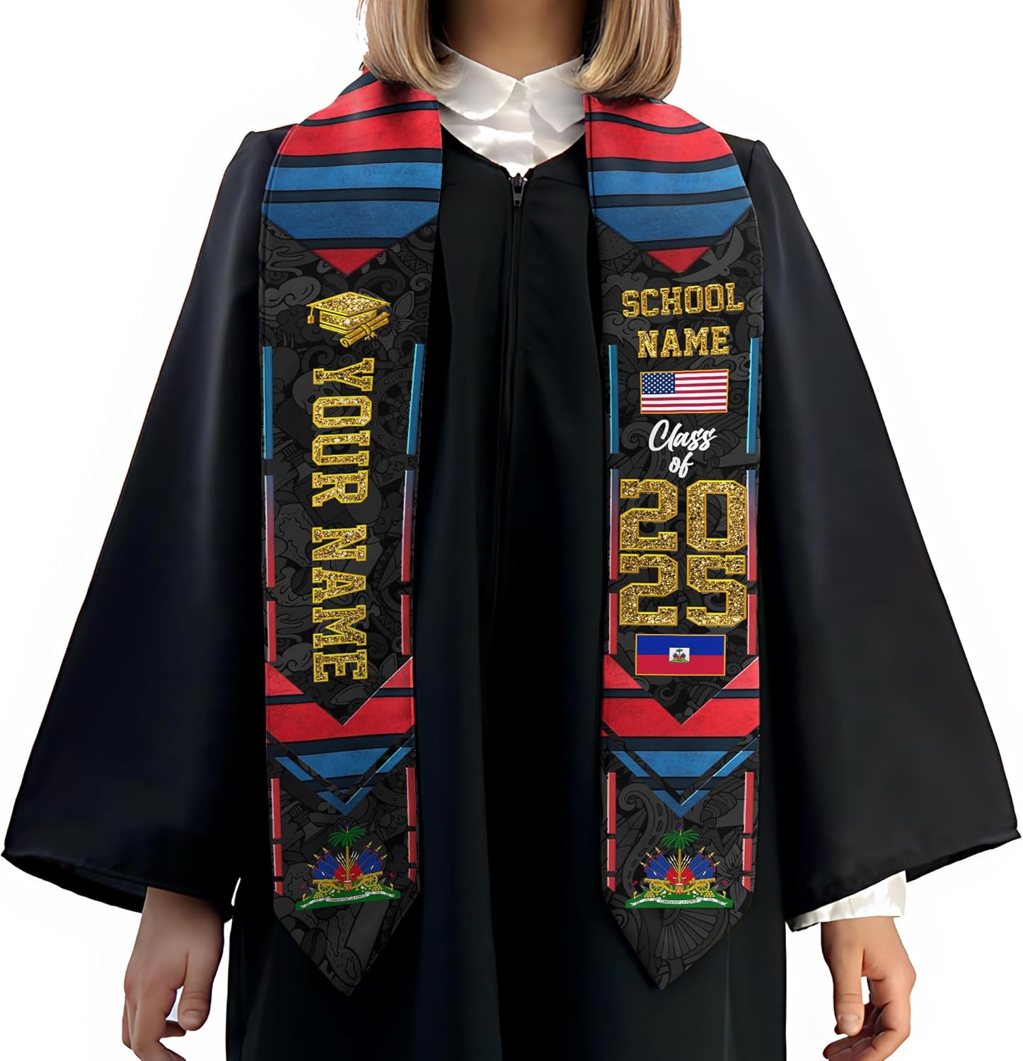 Pretyprints Haitians Graduation Sash, Haiti Graduation Stole Custom, Personalized Haitians American Flag Graduation Sash 2025