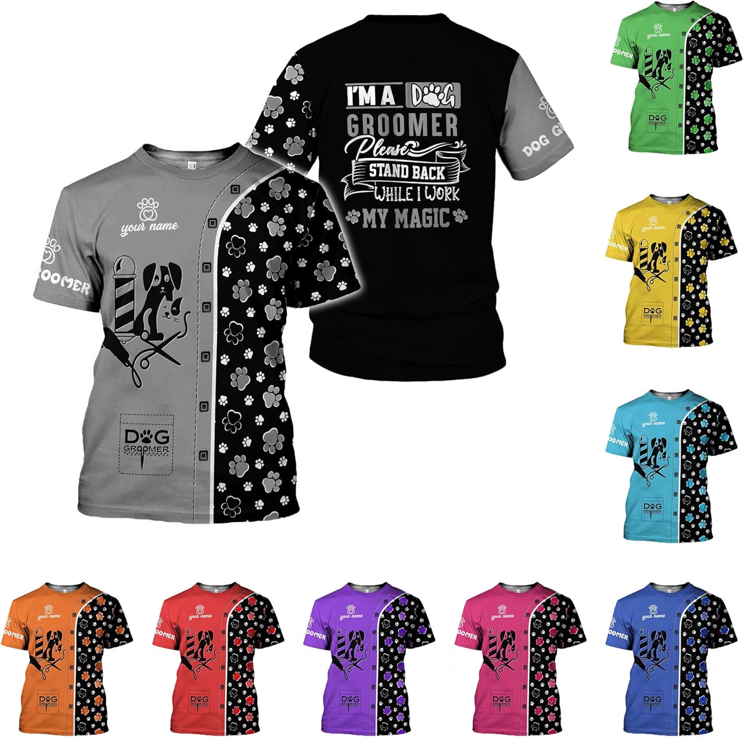 Suseaz Personalized Dog Grooming 3D Shirt, Pet Spa Short Sleeve T-Shirt Cute Pet Grooming Tshirt for Women and Men Groomer