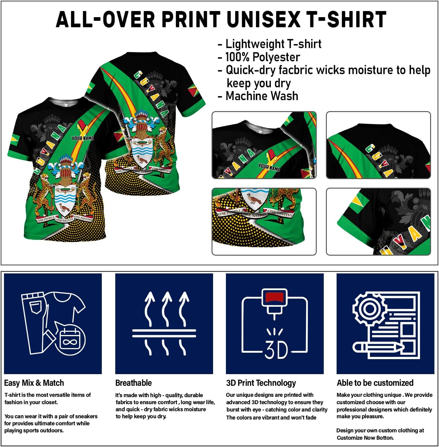 Rivelus Personalized Name 3D Shirt, Guyana Tshirt for Men Women, Guyanese Flag Pride Shirts, Guyana Gift S-5XL