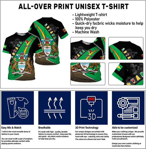 Rivelus Personalized Name 3D Shirt, Guyana Tshirt for Men Women, Guyanese Flag Pride Shirts, Guyana Gift S-5XL