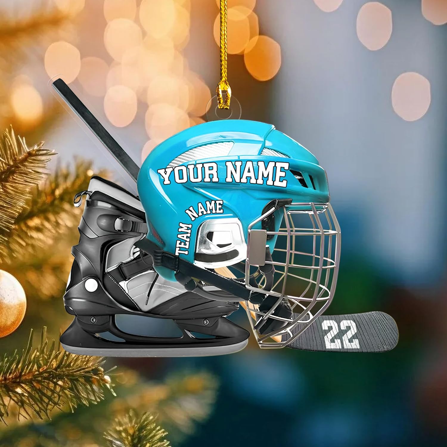 Hockey Helmet Christmas Ornament, Hockey Team Christmas Ornaments, Hockey Family Ornament, Hockey Player Hockey Lovers Ornament Helmet and Gloves Wood Hockey Hanging Decor (1, HK7)