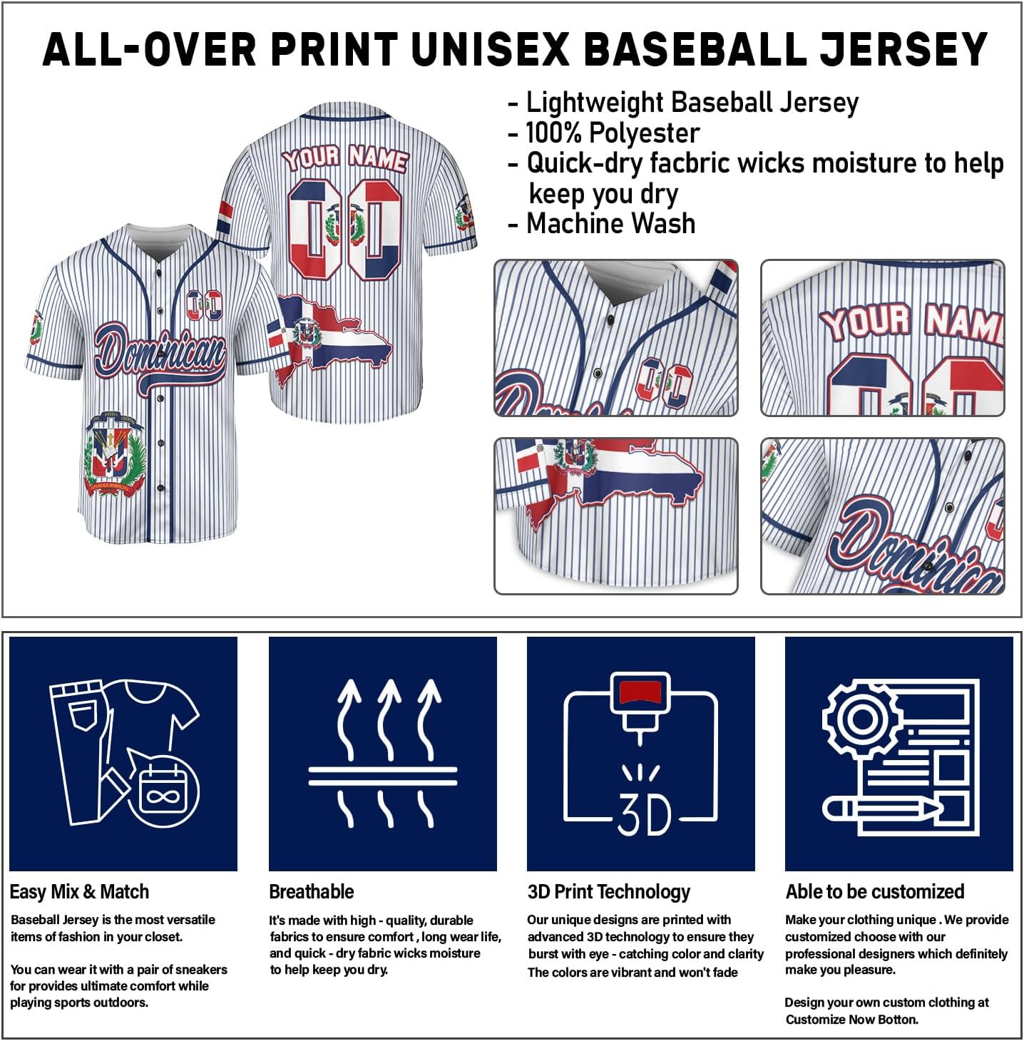 Custom Dominican Jersey for Men Dominican Baseball Jersey Dominican Baseball Jersey Dominicana Shirt Dominican Flag Jersey