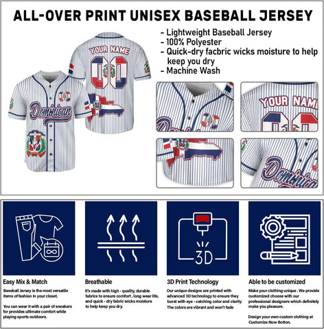 Custom Dominican Jersey for Men Dominican Baseball Jersey Dominican Baseball Jersey Dominicana Shirt Dominican Flag Jersey