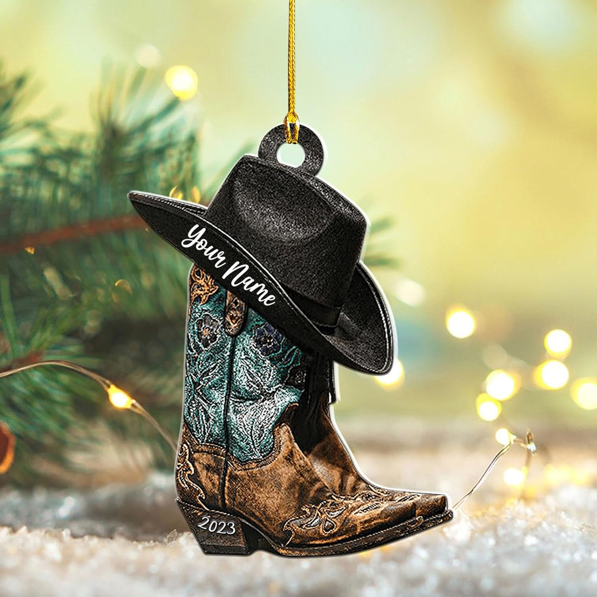 Royalbro Personalized Cowboy Christmas Ornaments, Cowboy Boots and Hat Ornament for Cowboy, Saddle Ornament, Cowboy Cowgirl Horseback Riding Ornament Tree Hanging Ornament (CB 8)