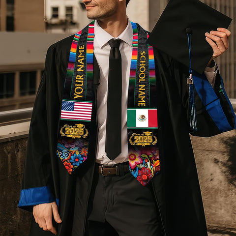 Custom Mexican Graduation Sash, Mexico Graduation Stole Customize Photo, Mexican American Flag Graduation Sash 2025