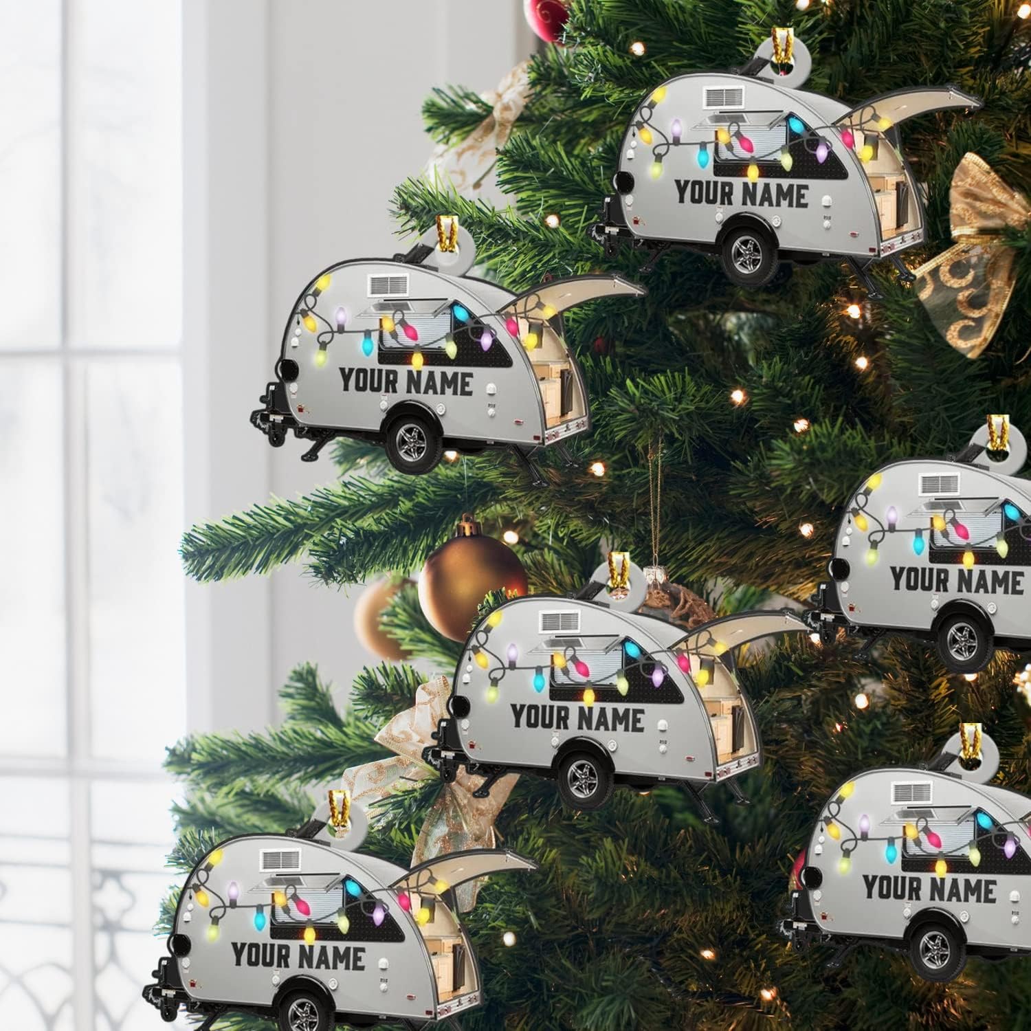 Personalized Camping Ornament, Camping Wood Plastic Ornament Travel Trailer Shaped Acrylic Ornament, Gifts for Camping Lovers, Him, Her, Camping Christmas Ornament, Christmas Tree Decor (CP5)