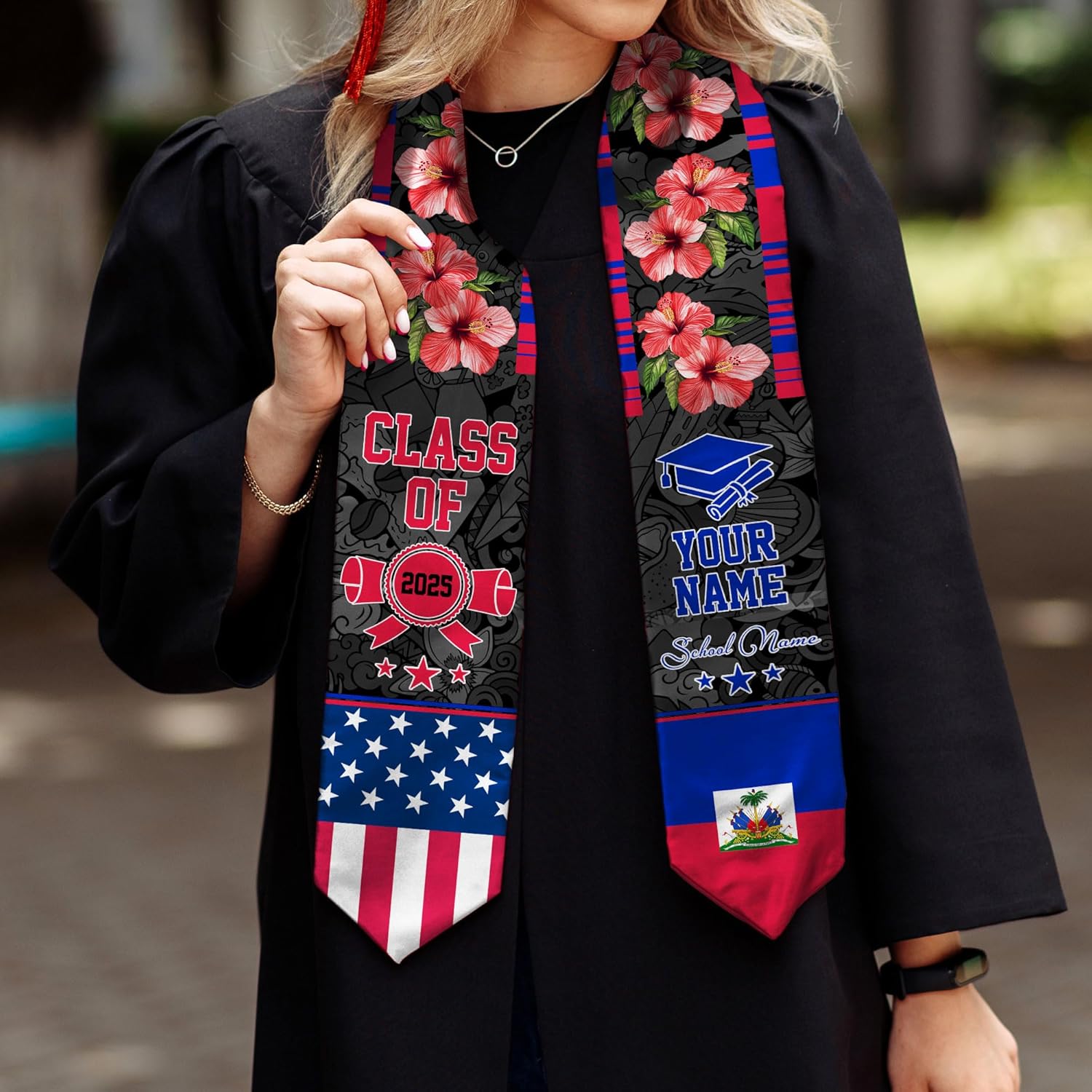 Pretyprints Haitians Graduation Sash, Haiti Graduation Stole Custom, Personalized Haitians American Flag Graduation Sash 2025