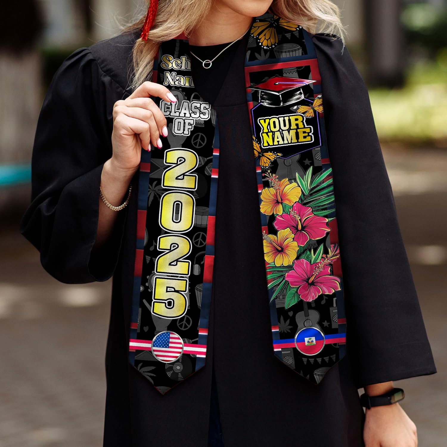 Pretyprints Haitians Graduation Sash, Haiti Graduation Stole Custom, Personalized Haitians American Flag Graduation Sash 2025