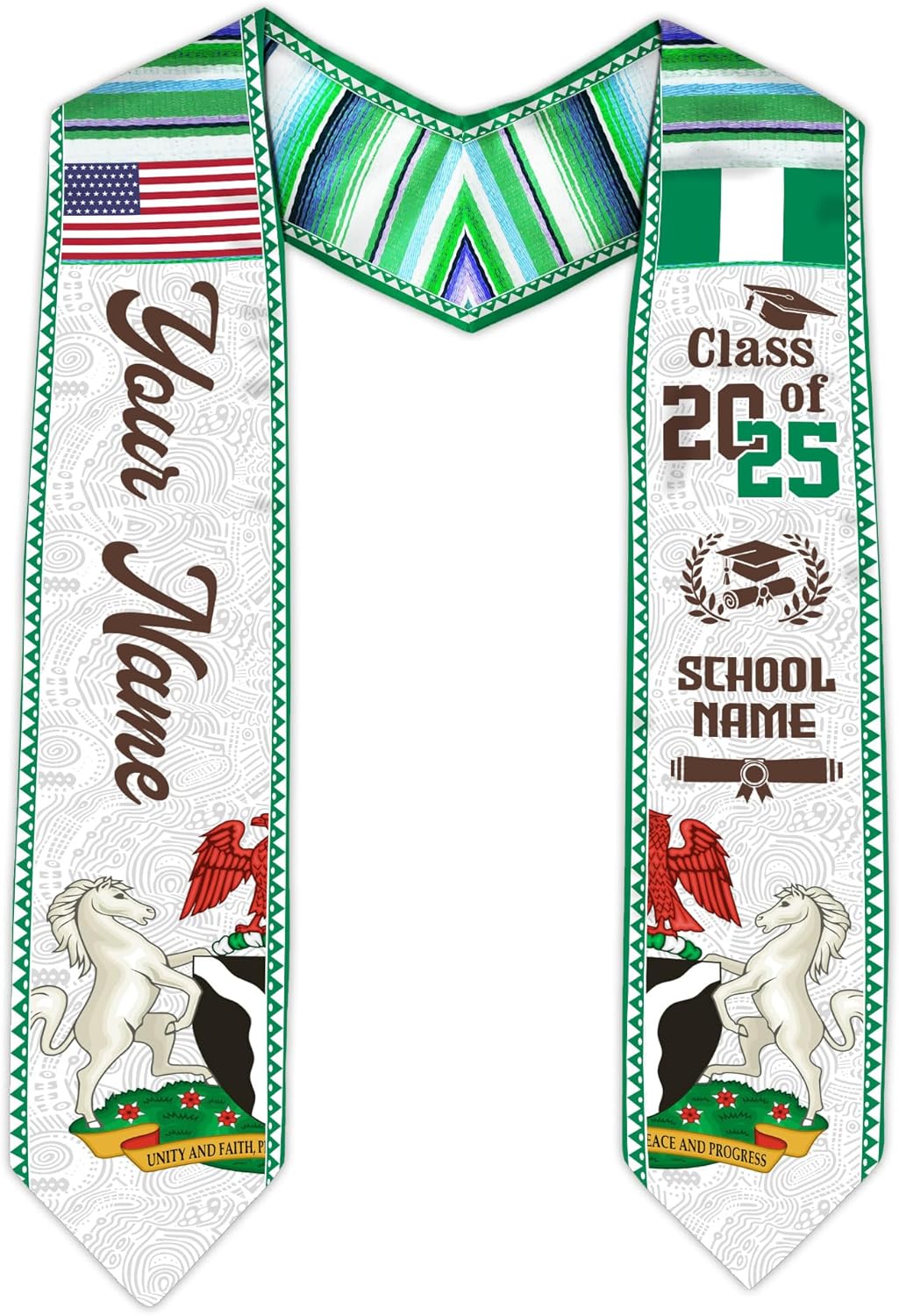Pretyprints Custom Nigerian Graduation Sash, Nigeria Graduation Stole Customize, Nigerian American Flag Graduation Sash 2025