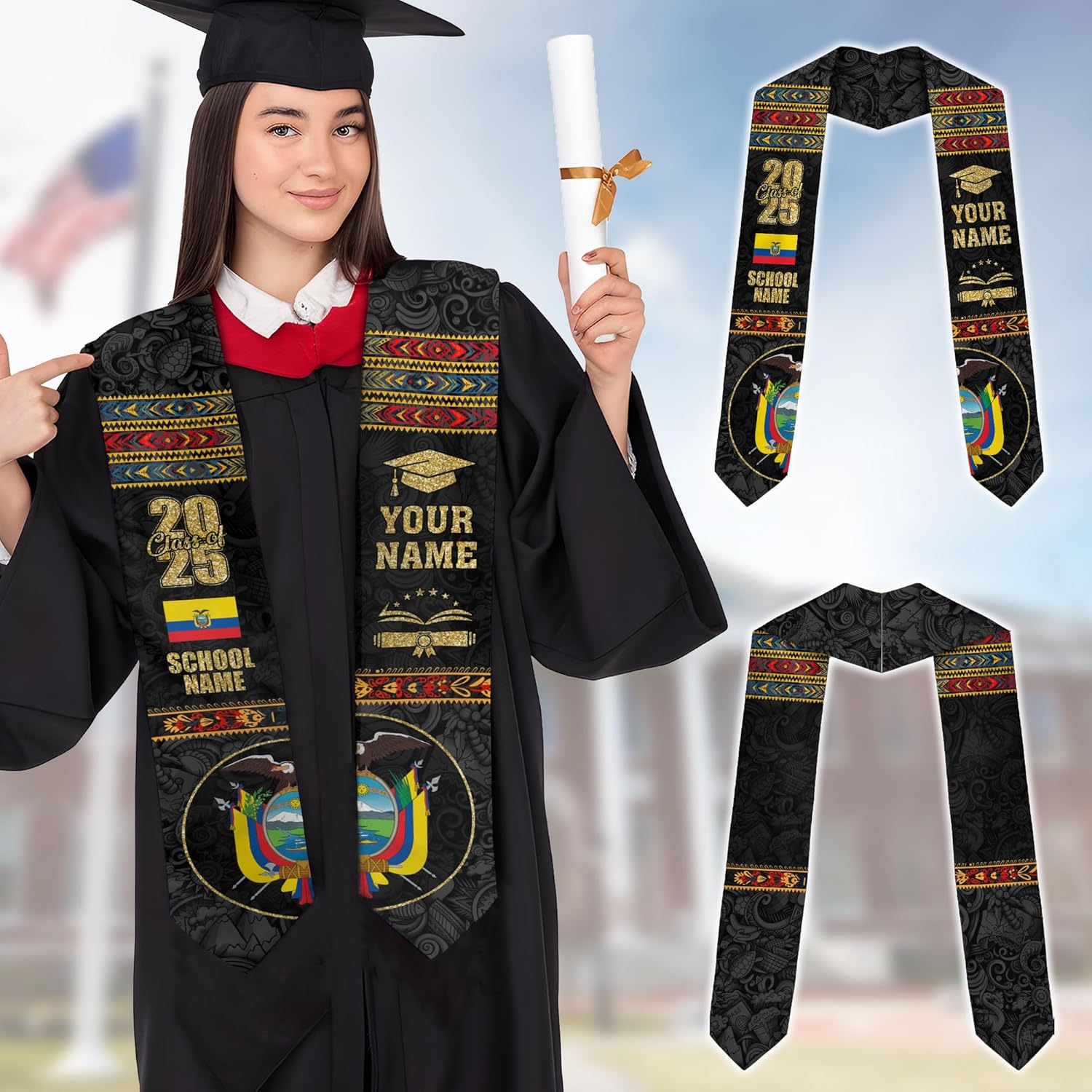 Pretyprints Ecuador Graduation Stole, Ecuadorians American Flag Graduation Sash 2025, Ecuadorians Graduation Sash