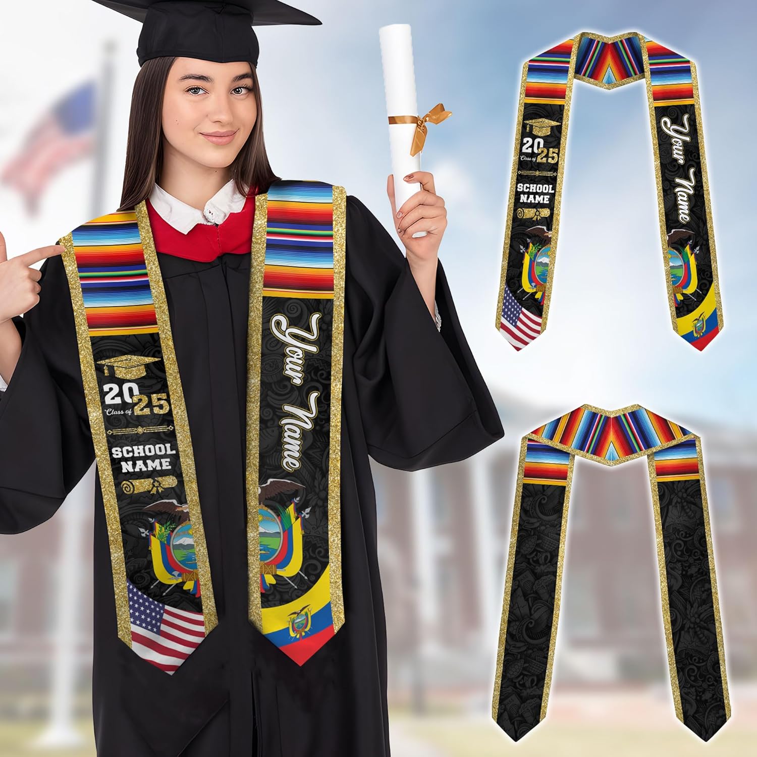 Pretyprints Ecuador Graduation Stole, Ecuadorians American Flag Graduation Sash 2025, Ecuadorians Graduation Sash