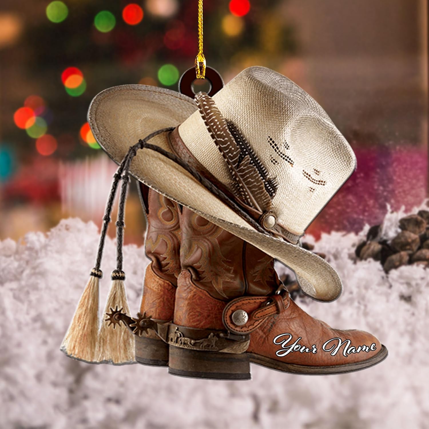 Royalbro Personalized Cowboy Christmas Ornaments, Cowboy Boots and Hat Ornament for Cowboy, Saddle Ornament, Cowboy Cowgirl Horseback Riding Ornament Tree Hanging Ornament (CB 2)