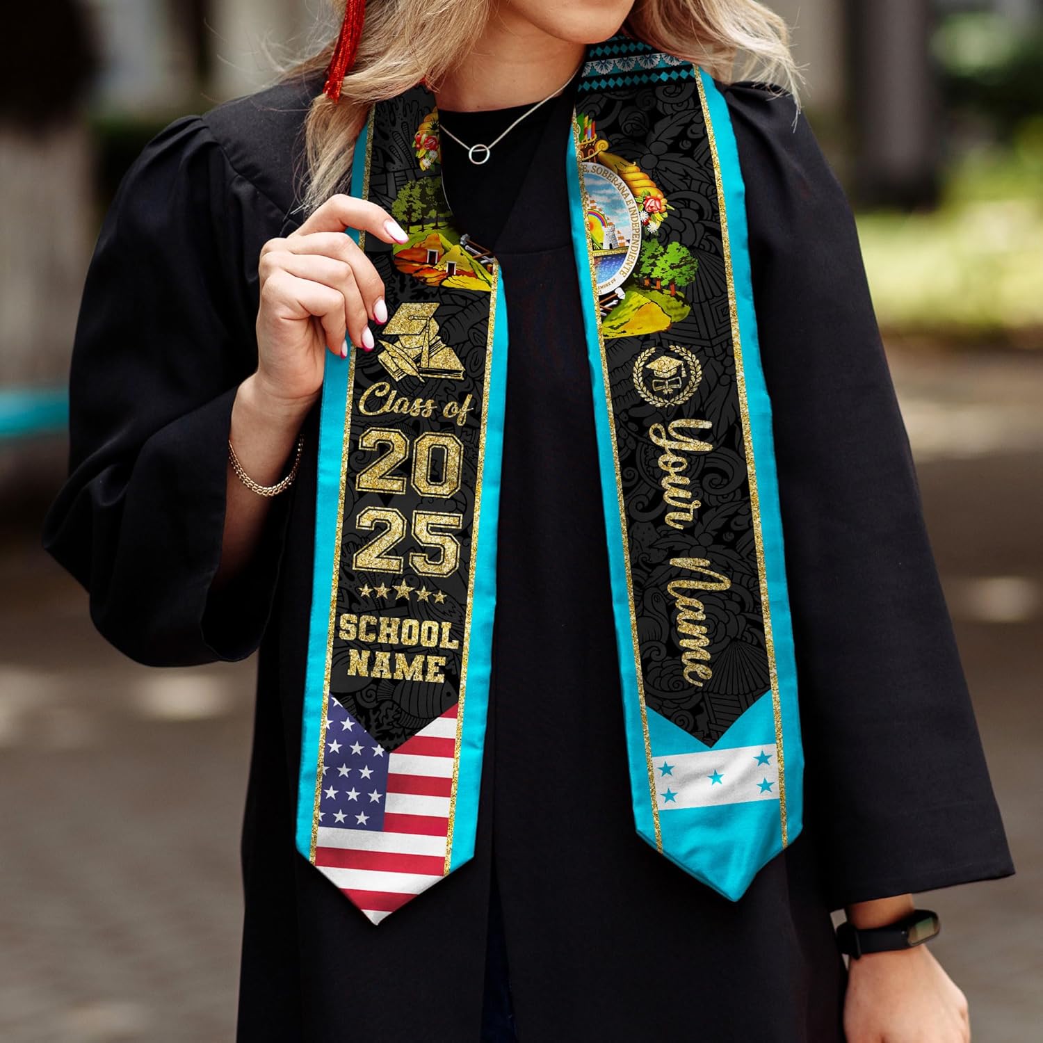Pretyprints Honduran Graduation Sash, Custom Honduran American Flag Graduation Sash 2025, Honduras Graduation Stole