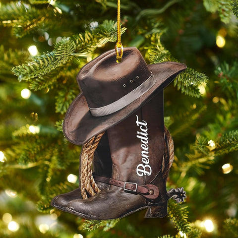 Royalbro Personalized Cowboy Christmas Ornaments, Cowboy Boots and Hat Ornament for Cowboy, Saddle Ornament, Cowboy Cowgirl Horseback Riding Cowboys Ornament Tree Hanging Ornament Gift Xmas (CB N1)