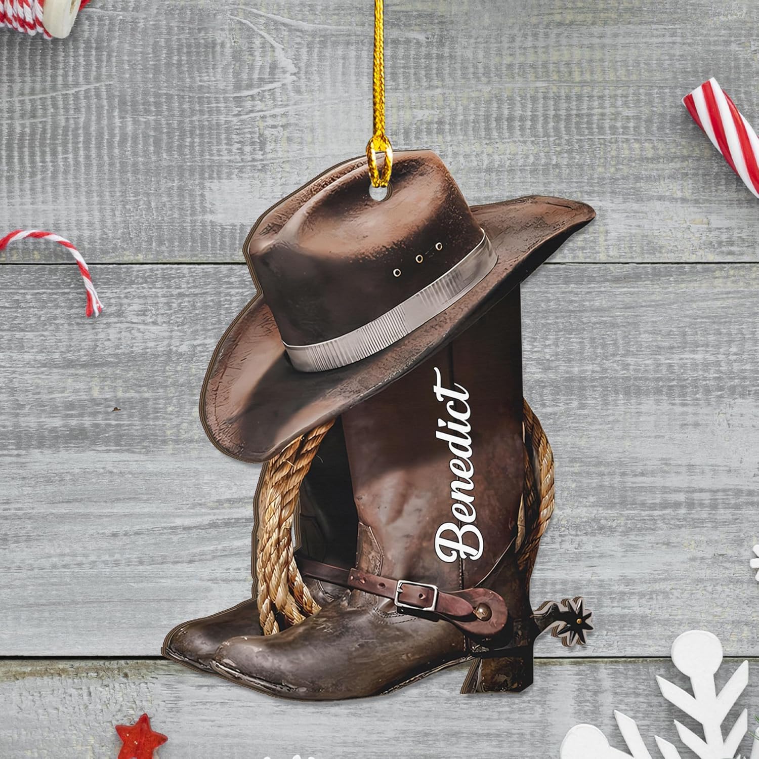 Royalbro Personalized Cowboy Christmas Ornaments, Cowboy Boots and Hat Ornament for Cowboy, Saddle Ornament, Cowboy Cowgirl Horseback Riding Cowboys Ornament Tree Hanging Ornament Gift Xmas (CB N1)