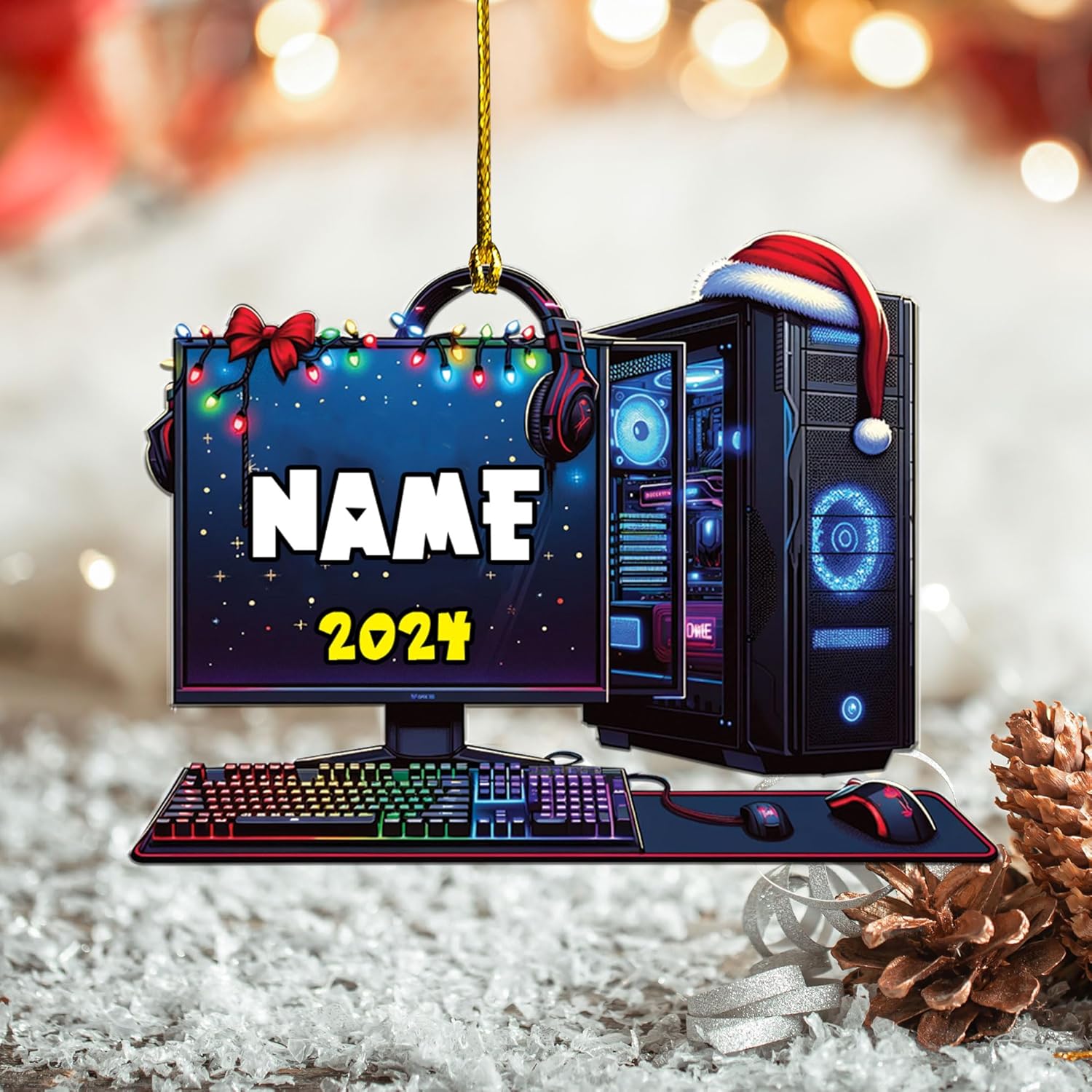Podagree Personalized Name PC Computer Ornament Christmas, Shape Flat Christmas Ornament for Gamer, Gaming Gamer Christmas Ornament Gift for Boys, PC Game Player Decoration with Custom Name (CPT1)