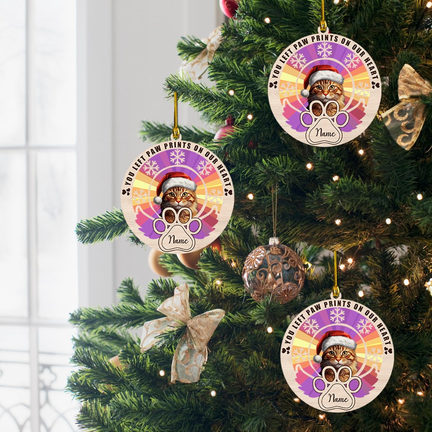 MAPrints Personalized Cat Christmas Ornaments, Cat First Christmas Suncatcher Wood Ornaments, Gifts for Cat Lovers, Cat Memorial Ornament, Forever Loved Cat Keepsake, Cat Loss Gifts (CAT 22)