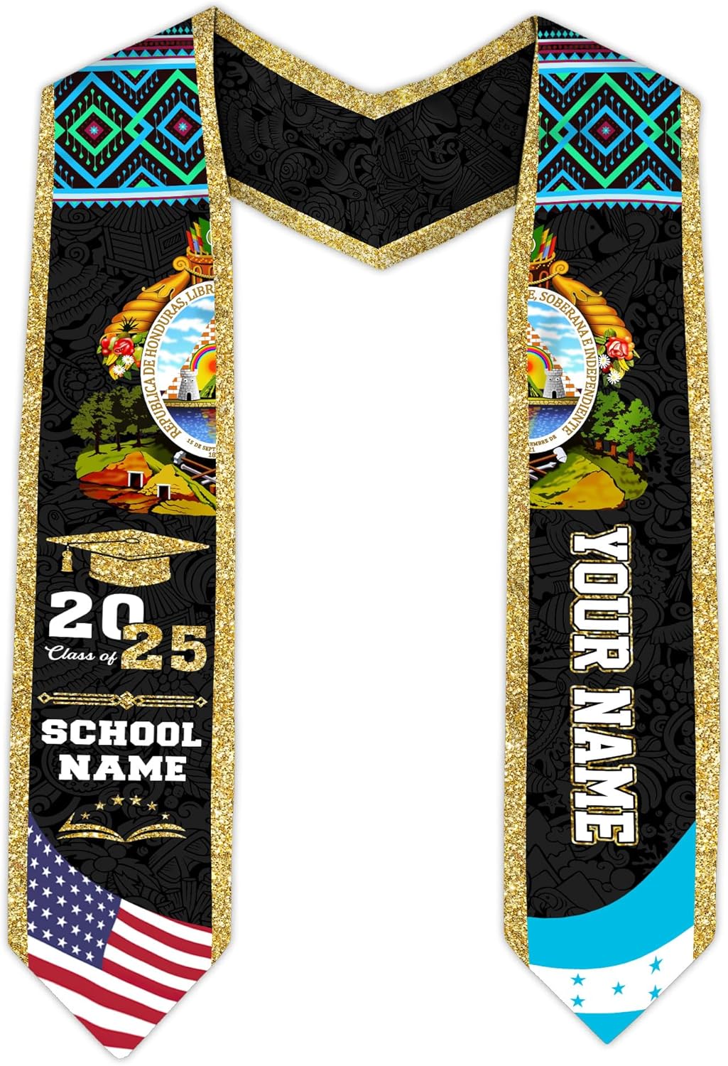 Pretyprints Honduran Graduation Sash, Custom Honduran American Flag Graduation Sash 2025, Honduras Graduation Stole