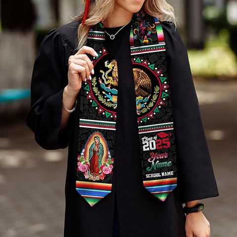 Custom Mexican flag and floral Graduation Stole class of 2025, Mexico Grad Sash