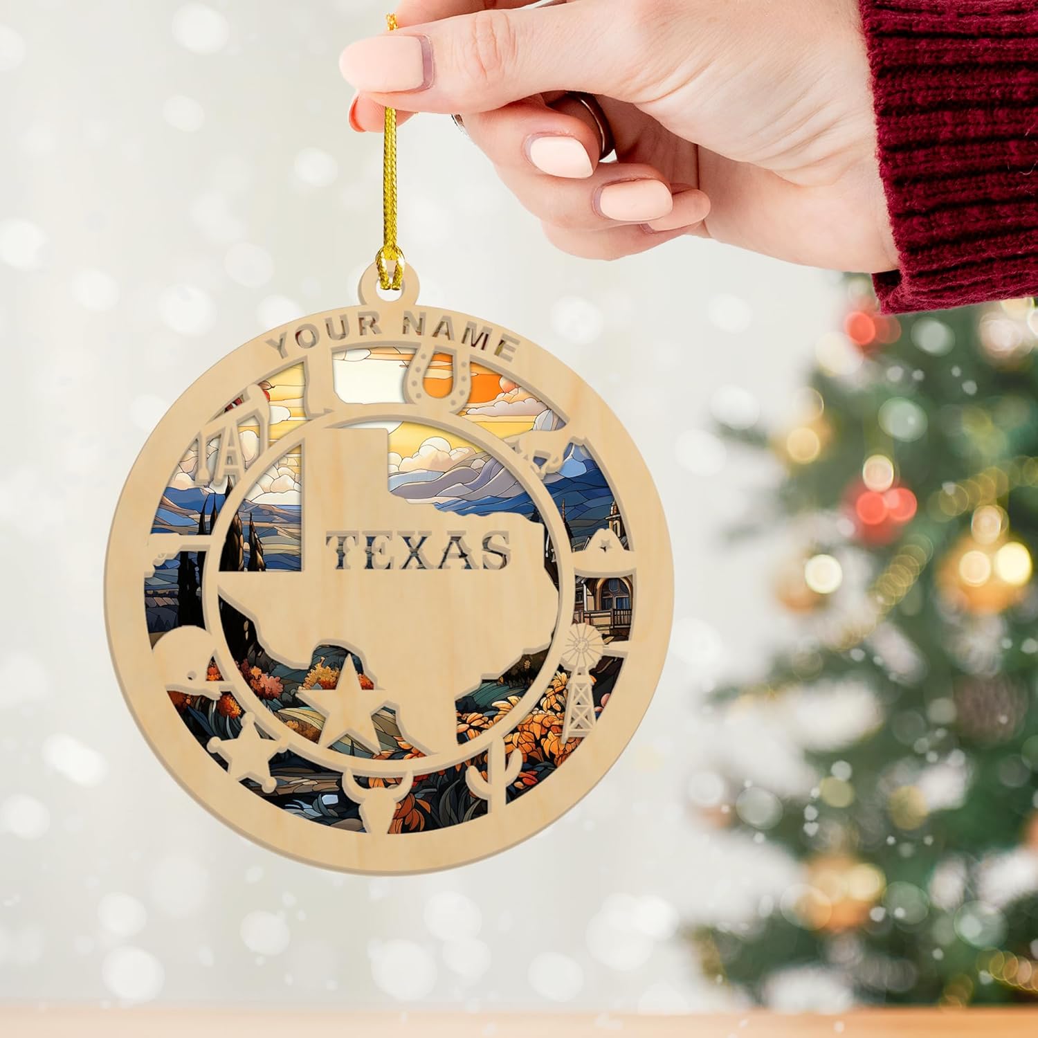 MAPrints Personalized Texas Suncatcher Wood Ornaments, Texas Christmas Keepsake Holiday, America State Ornament, Texas State Christmas Ornament, Texas Map Ornament, Christmas Tree Decorations (TX 7)