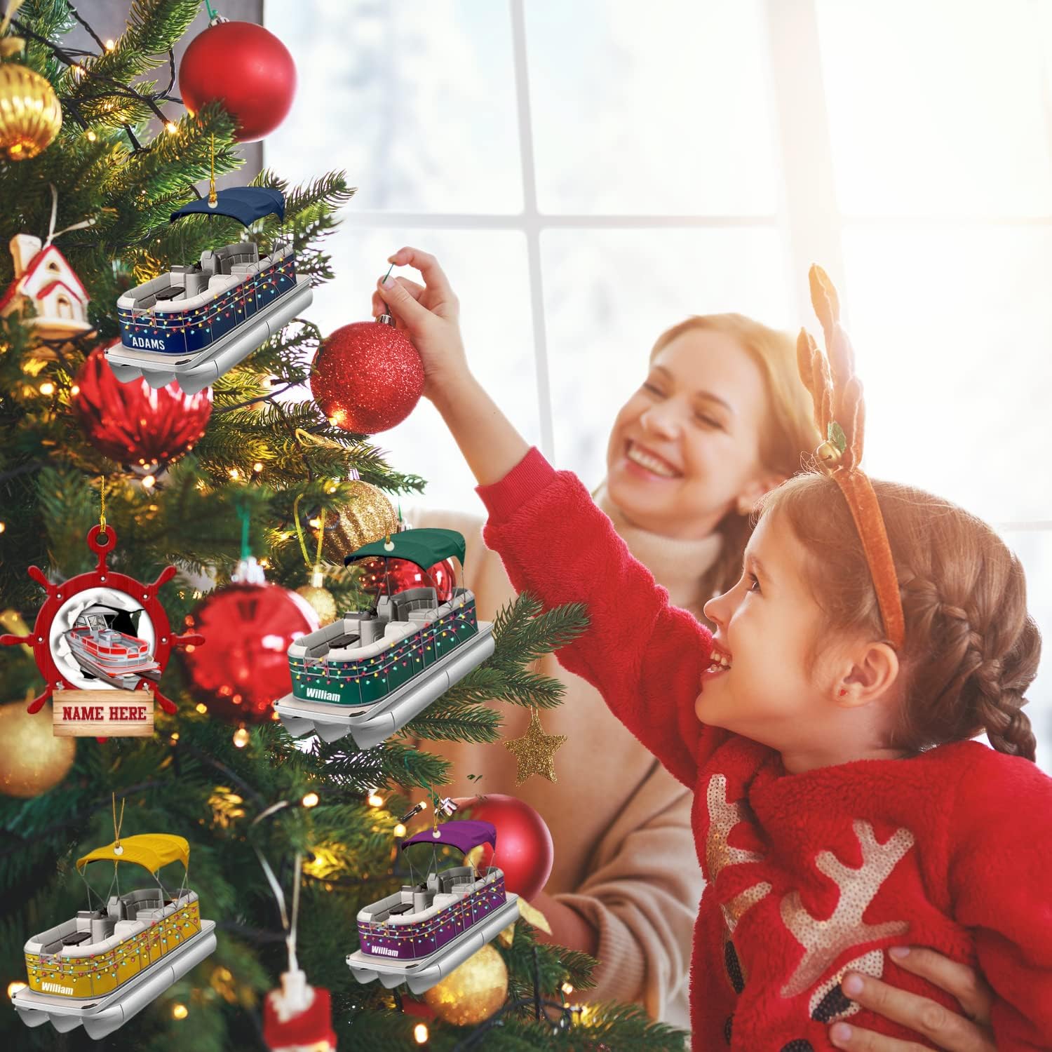 Pontoon Boat Ornament, Pontoon Christmas Ornament, Pontoon Boat Christmas Car Ornament, Pontoon Boat, Christmas Tree Ornament Hanging Decor, Custom Pontoon String Light Flat Ornament (Style 1)