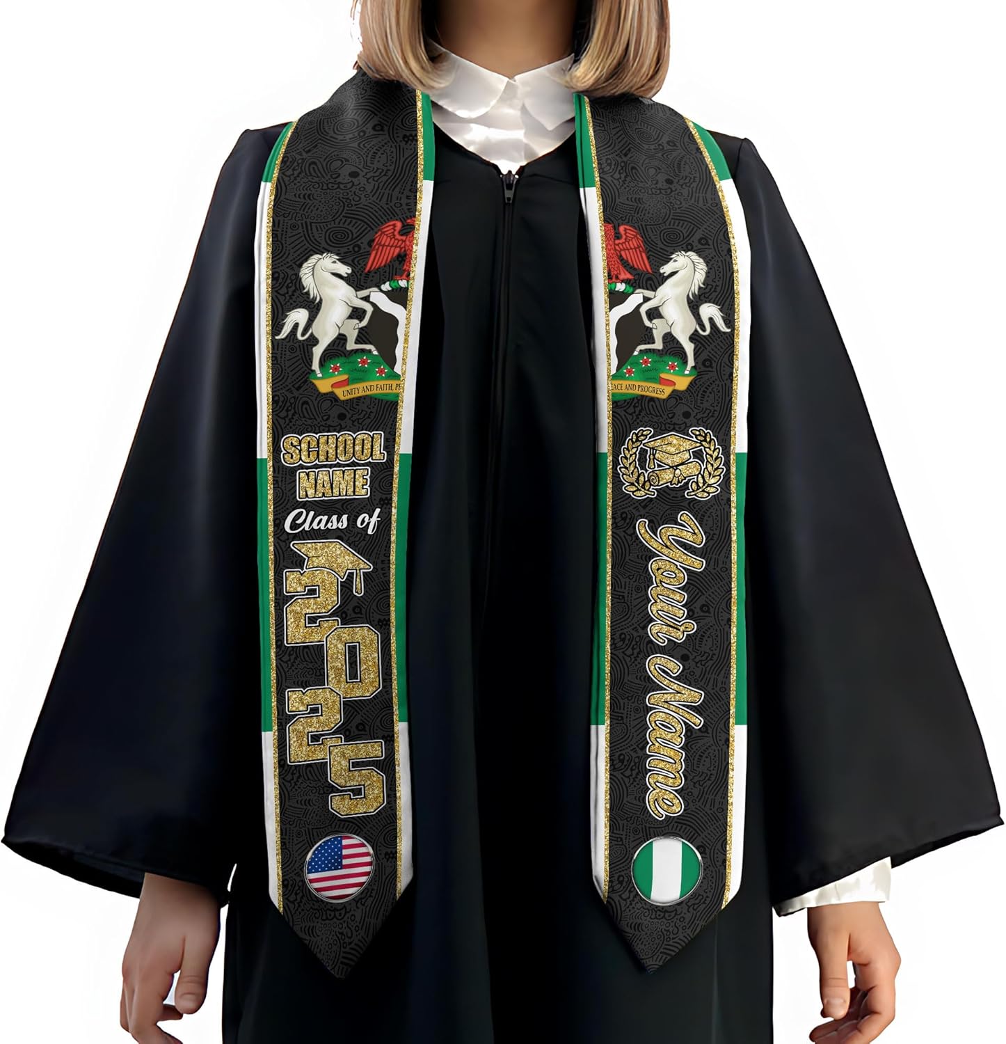 Pretyprints Custom Nigerian Graduation Sash, Nigeria Graduation Stole Customize, Nigerian American Flag Graduation Sash 2025