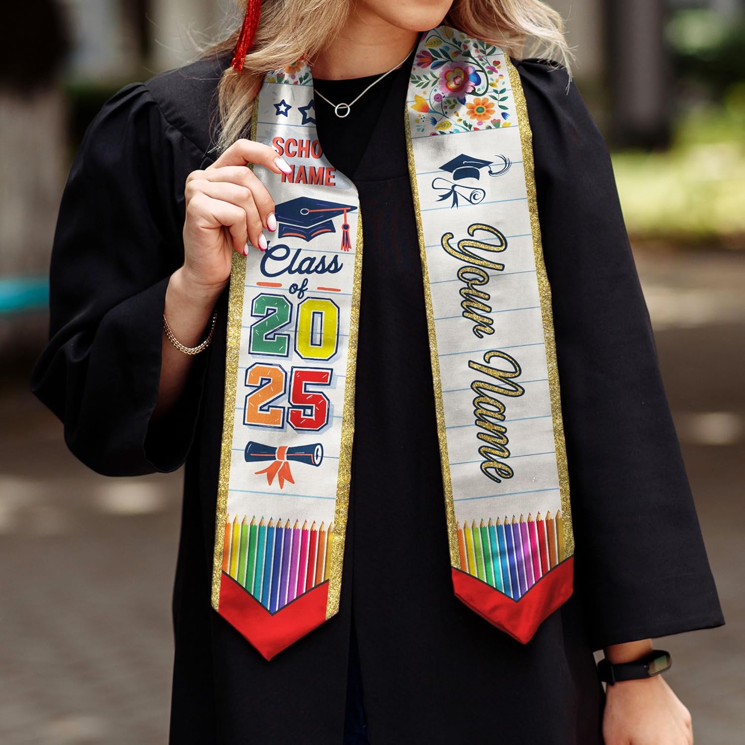 Pretyprints Personalized Class Of 2025 Teacher Graduation Stole Custom Teacher Pencil Graduation Sash Gift College Graduation
