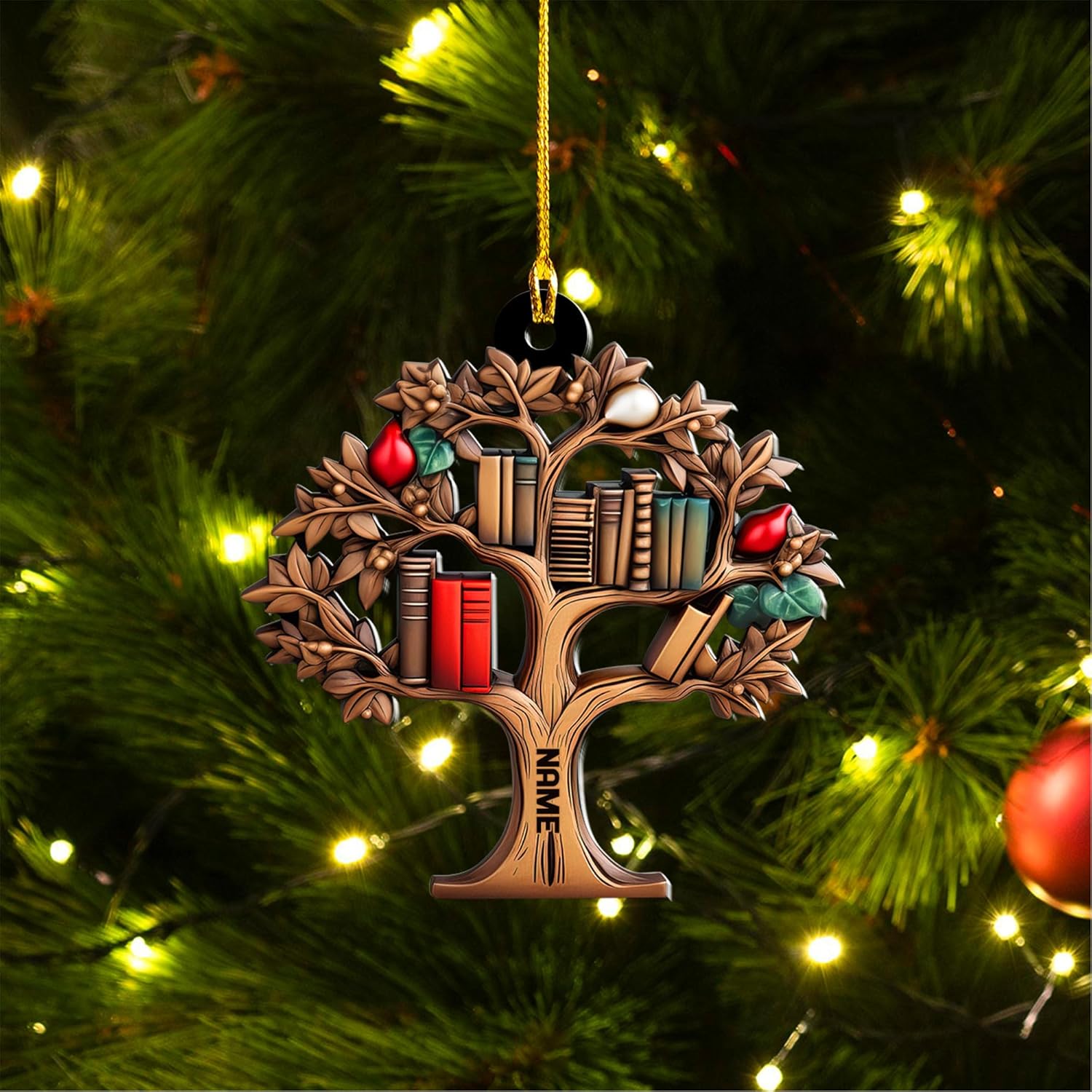 Personalized Book Lovers Heart Ornament, Reading Book Xmas Acrylic 2D Shape Flat Ornament 2024, Bookshelf Ornament Gift for Her Librarian 2D Flat Printed Wood Book Lovers Ornament (Book 2)