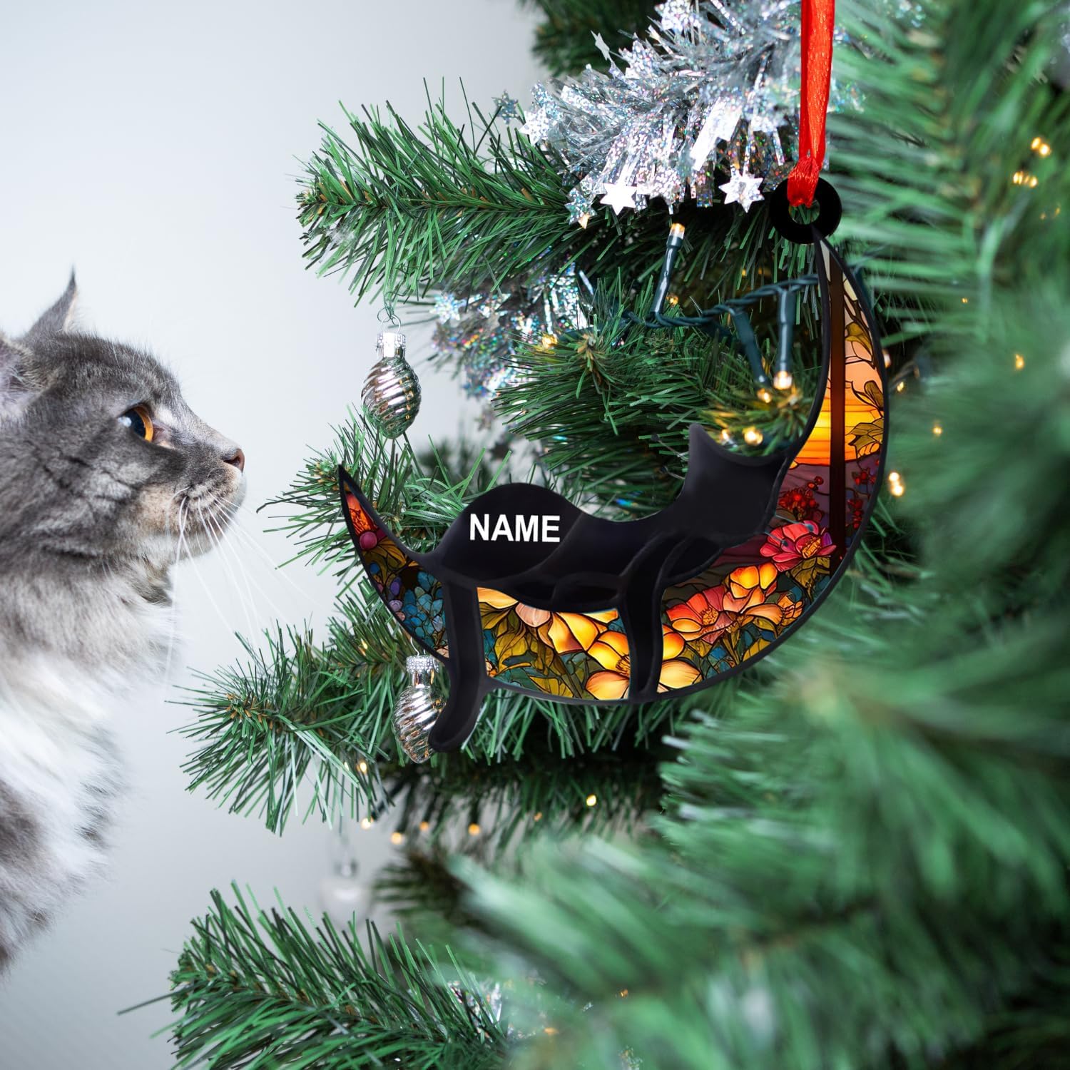 MAPrints Personalized Cat Ornament For Christmas Tree, Custom Cat Christmas Suncatcher Ornament 2024, Gift For Christmas Cat Lovers Cat Memorial Ornament, Cat Hanging Ornament Cat On The Moon (CAT 4+)