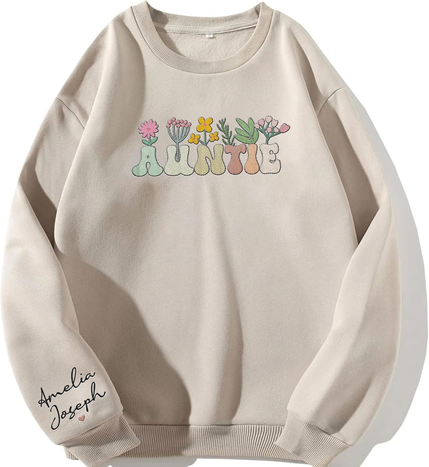 Personalized Embroidered Auntie Sweatshirt & Hoodie, Funtie Auntie Sweatshirt For Women Custom Kids Name On Sleeve (Cotton, AT 10), Small-5X-Large