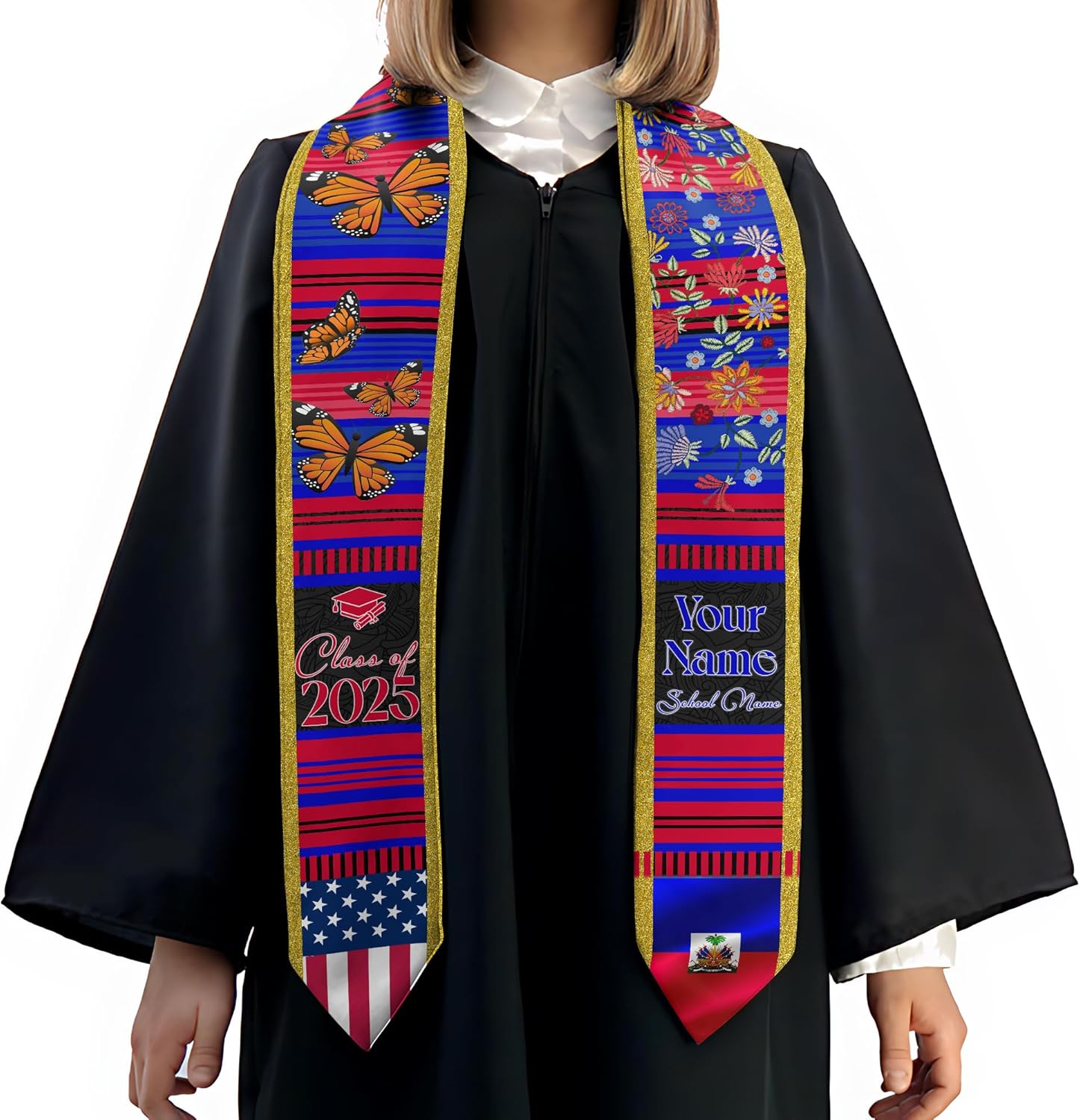 Pretyprints Haitians Graduation Sash, Haiti Graduation Stole Custom, Personalized Haitians American Flag Graduation Sash 2025