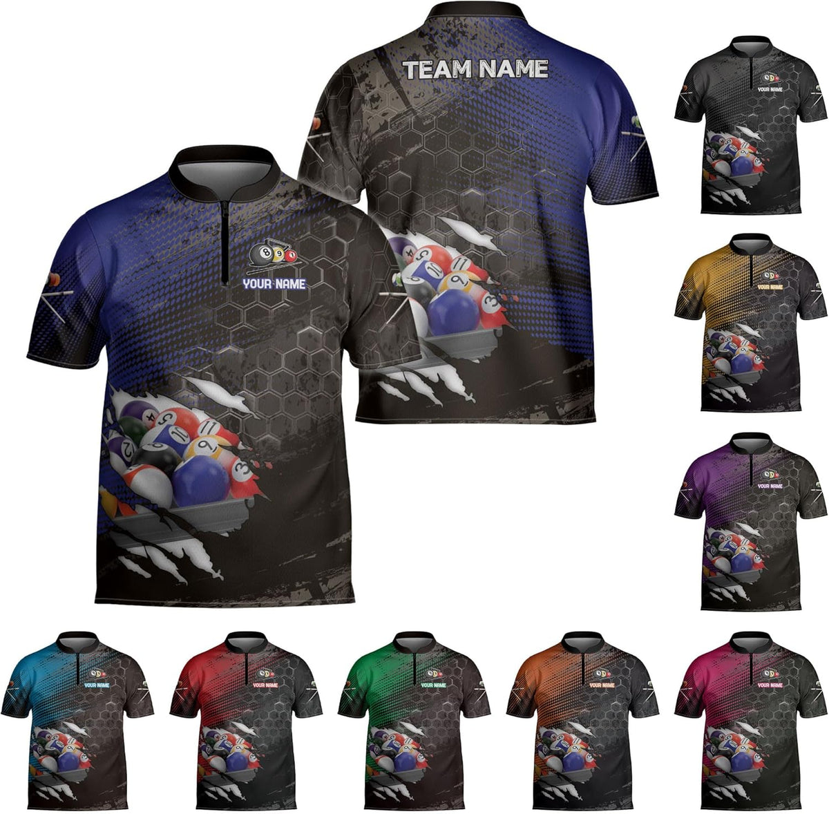 Custom Billiard Jersey Shirts Men 3D Personalized Team Billiards Bowling Jersey 8 Ball Pool Colorful Quarter Zip Shirt Gifts