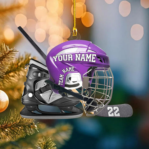 Hockey Helmet Christmas Ornament, Hockey Team Christmas Ornaments, Hockey Family Ornament, Hockey Player Hockey Lovers Ornament Helmet and Gloves Wood Hockey Hanging Decor (1, HK7)