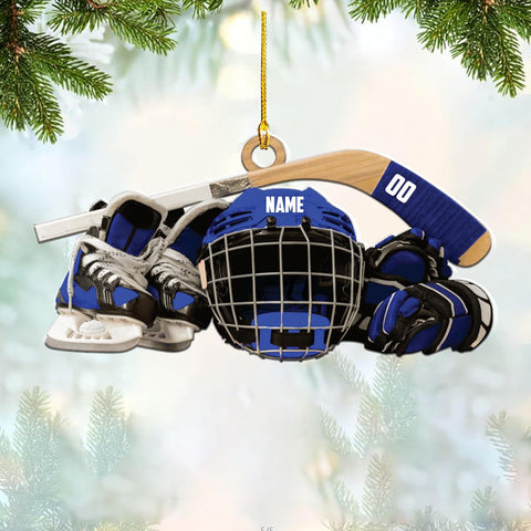 AOVL Personalized Hockey Christmas Ornament, Hockey Skates Helmet and Stick, Hockey Player Ornament, Hockey Ornament, Hockey Flat Ornament, Gift for Hockey Lovers Christmas Tree Decor (HK3)