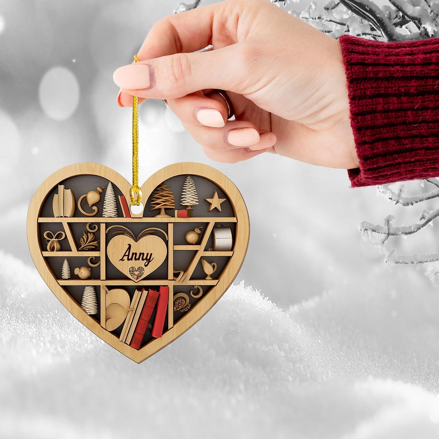 MAPrints Personalized Book Lovers Heart Ornament, Reading Book Xmas Ornament 2024, Bookshelf Printed Wood Ornament Gift for Her Librarian 2D Flat Printed Wood Book Lovers Ornament (Book 4)