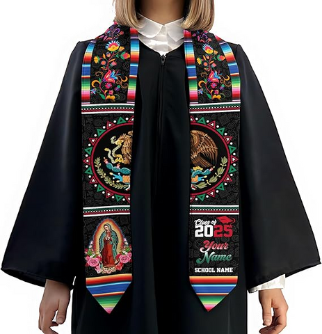 Custom Mexican flag and floral Graduation Stole class of 2025, Mexico Grad Sash