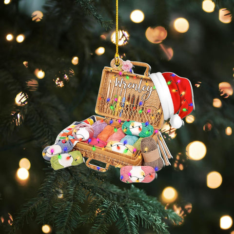 Pretyprints Personalized Knitting Yarns Ornament Christmas, Wool Bakset Knitting Accessories with String Lights Christmas Tree Ornament, Knitting Customized Christmas Ornament (Style 3)