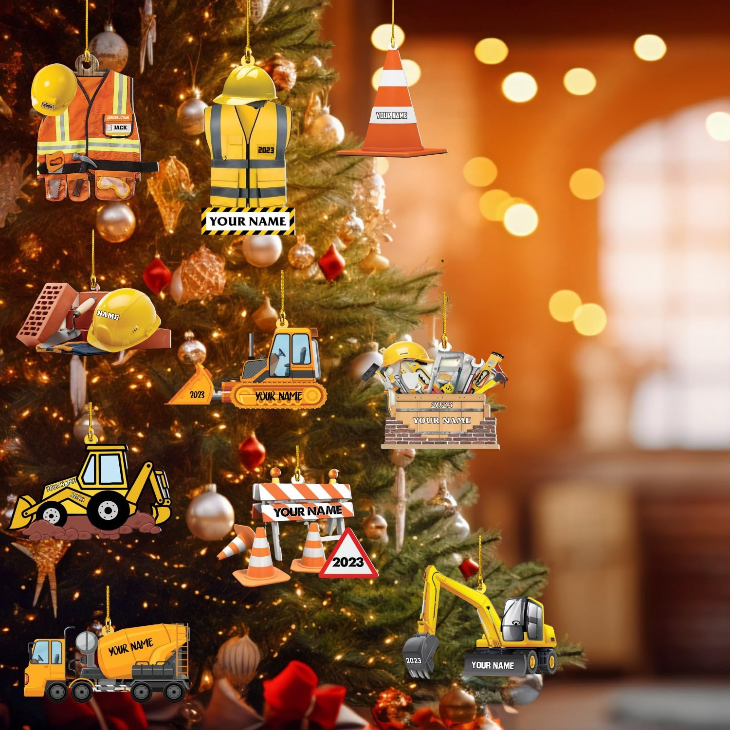 Riveprints Personalized Construction Worker Christmas Ornament, Personalized Ornament Excavator Christmas Tree Ornament, Contractor Tools Rope Trucks Traffic Zone Ornaments for Christmas Tree (ON204)